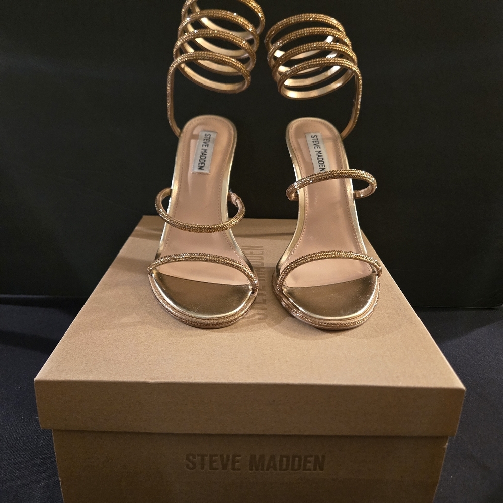 Steve Madden Metallic Gold Spiral Ankle Stiletto Heels Sz:8.5 Holiday Party Luxe